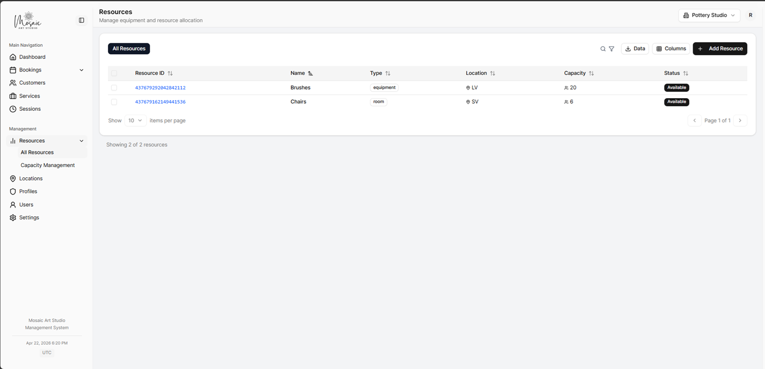 Resources management page